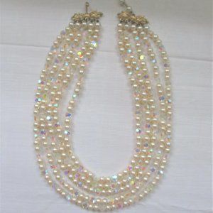 Aurora Borealis & Pearl Vintage 5 Strand Necklace with Gold Tone Bow Clasp